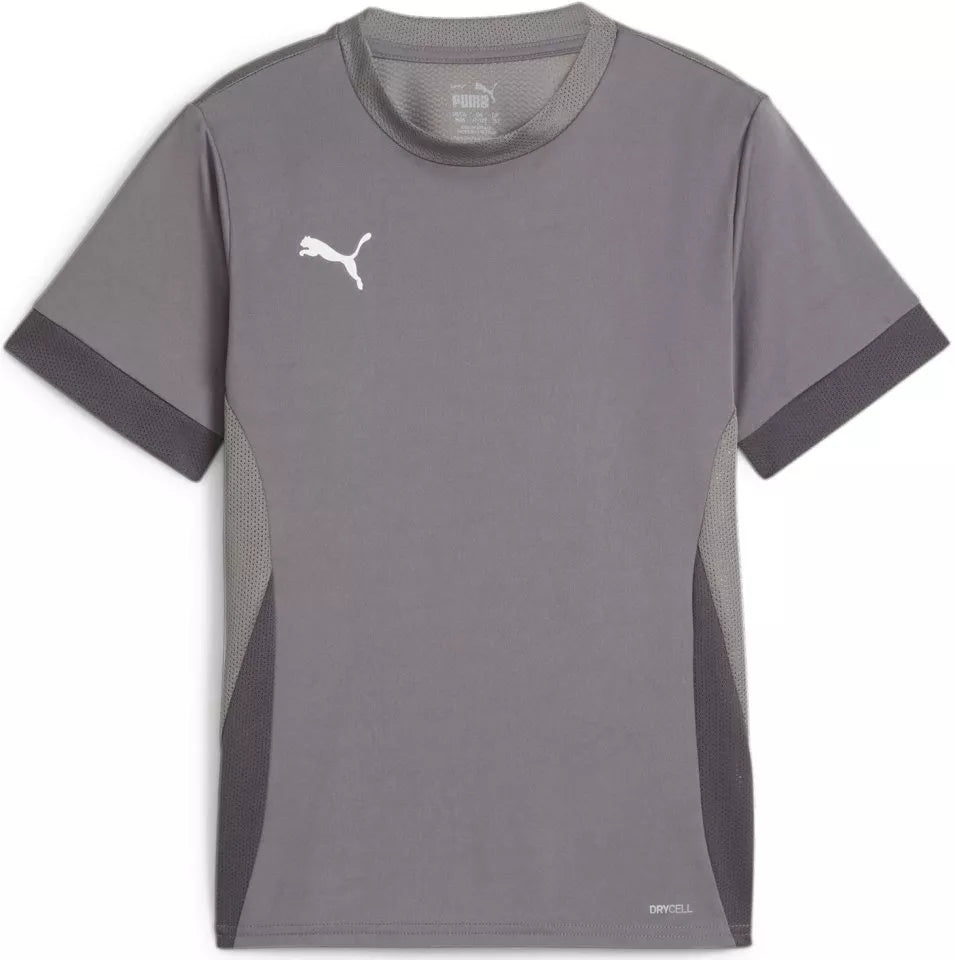 A grey short-sleeved Puma athletic t-shirt with dark grey mesh panels and a white cat logo on the chest.
