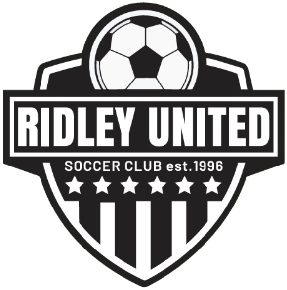 Black and white shield logo for Ridley United Soccer Club est. 1996, featuring a soccer ball, banner with the club name, six stars, and vertical stripes.