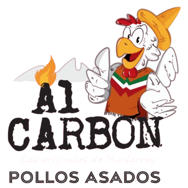 Logo for Al Carbon Pollos Asados featuring a cartoon chicken in a sombrero and Mexican vest giving a thumbs up. Includes text "Los originales de Monterrey" and mountain silhouettes with a flame.