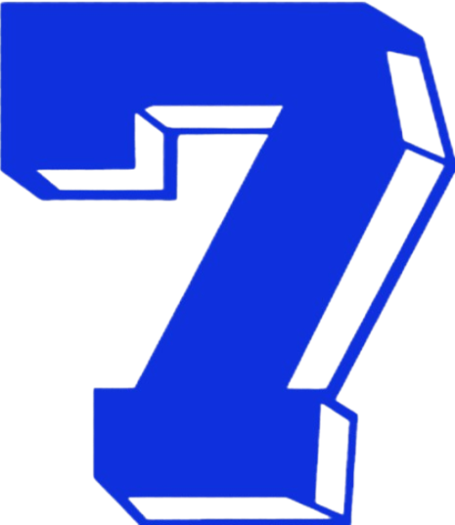Bold blue number 7 with a 3D block effect and white outlines.