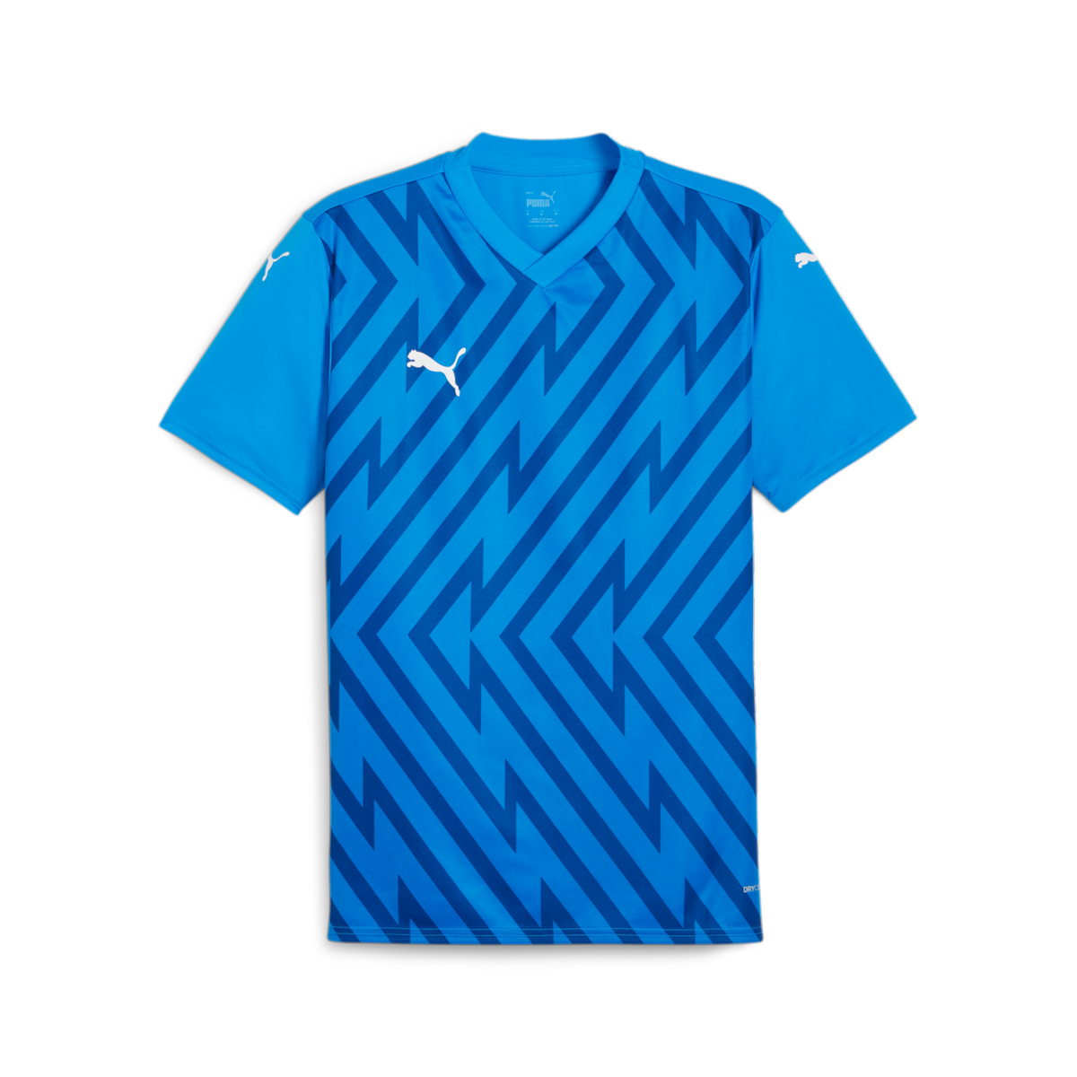 Blue Puma soccer jersey with a dark blue geometric zigzag pattern on the front and white Puma cat logos.