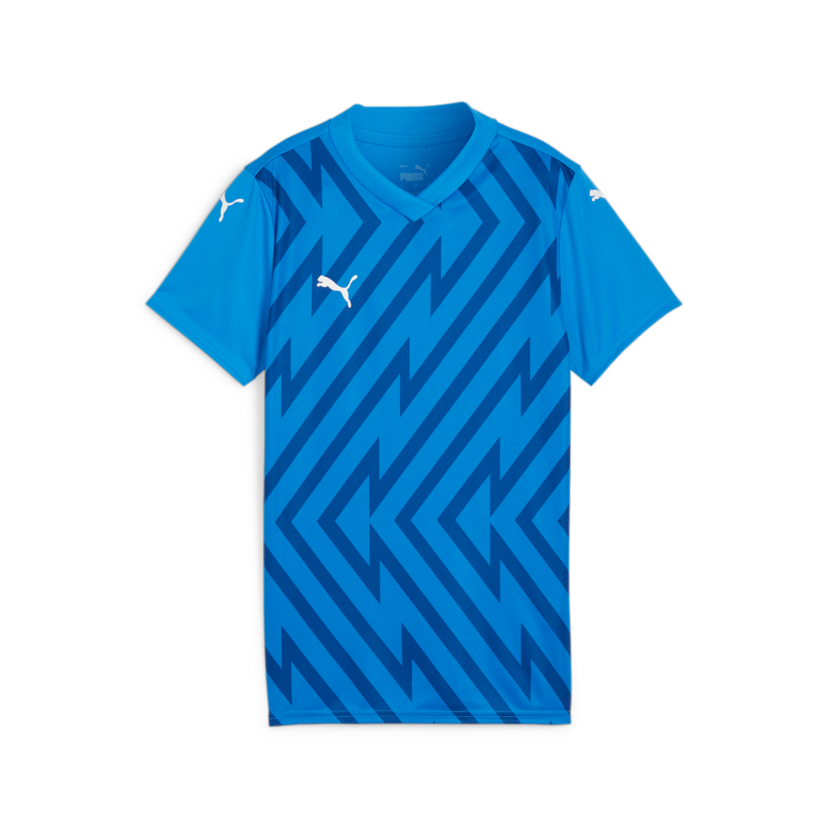 Blue Puma short-sleeved soccer jersey featuring a dark blue diagonal zig-zag graphic on the torso and white Puma cat logos on the chest and shoulders.