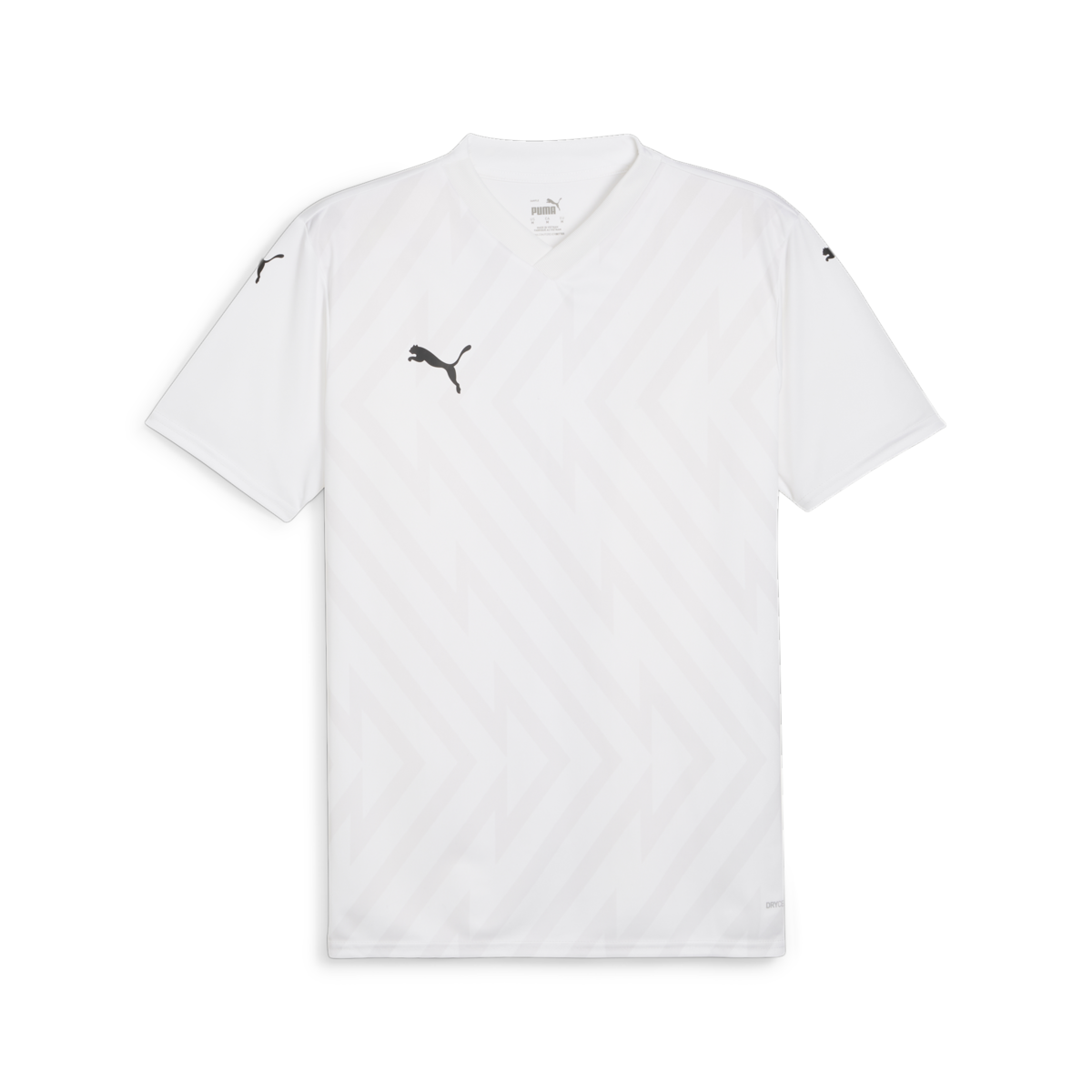 White short-sleeved Puma jersey with a subtle tonal zigzag pattern and black logos on the chest and shoulders.