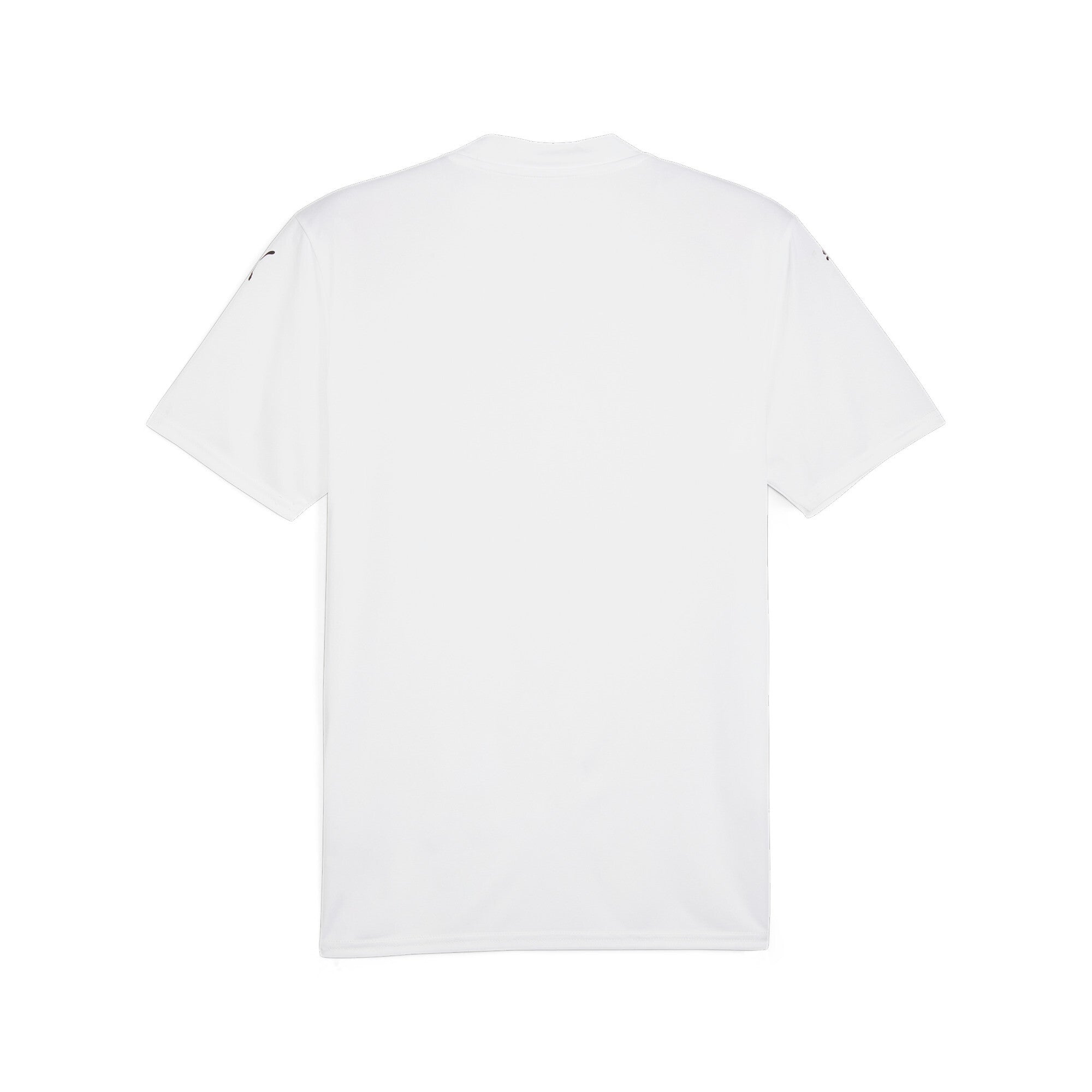 The back view of a plain white short-sleeved t-shirt against a white background. Small black logos are visible on the upper outer part of each sleeve.