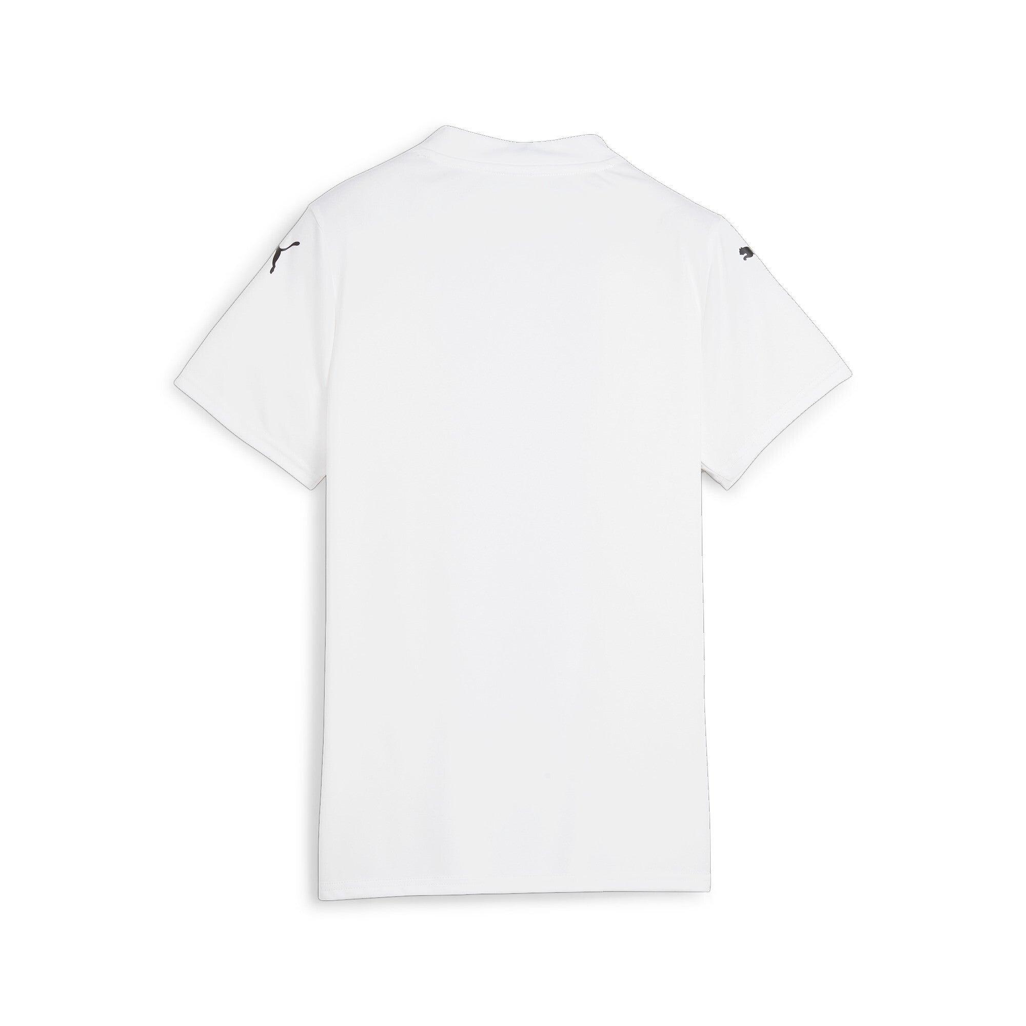 Rear view of a white short-sleeved T-shirt with small black Puma logos on each shoulder, set against a white background.