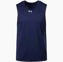 Navy blue sleeveless Under Armour athletic jersey with a V-neck and a small white logo centered at the neckline.
