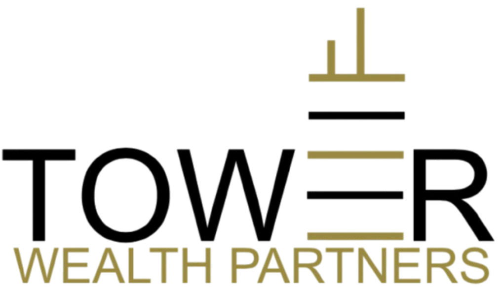 Logo for Tower Wealth Partners. The word "TOWER" features a gold tower icon in place of the letter "E". Below, "WEALTH PARTNERS" is written in gold capital letters.