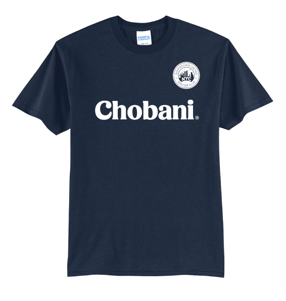 Navy blue t-shirt featuring a white Chobani logo centered on the chest and a circular Downtown United Soccer Club NYC logo on the upper left chest.