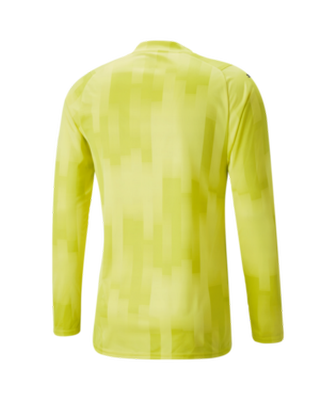 Back view of a lime yellow long-sleeved sports jersey with a pixelated tonal pattern.