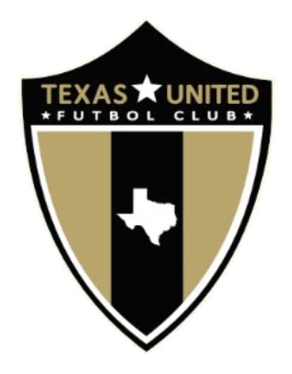 Shield logo for Texas United Futbol Club in black, gold, and white, featuring the club name, a central white silhouette of Texas, and a white star.