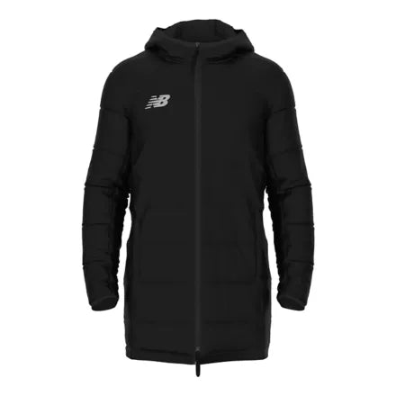 A full-front view of a long, black New Balance hooded puffer jacket with a white logo on the left chest and horizontal quilted panels.