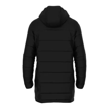 Back view of a black longline hooded puffer jacket with horizontal quilting.
