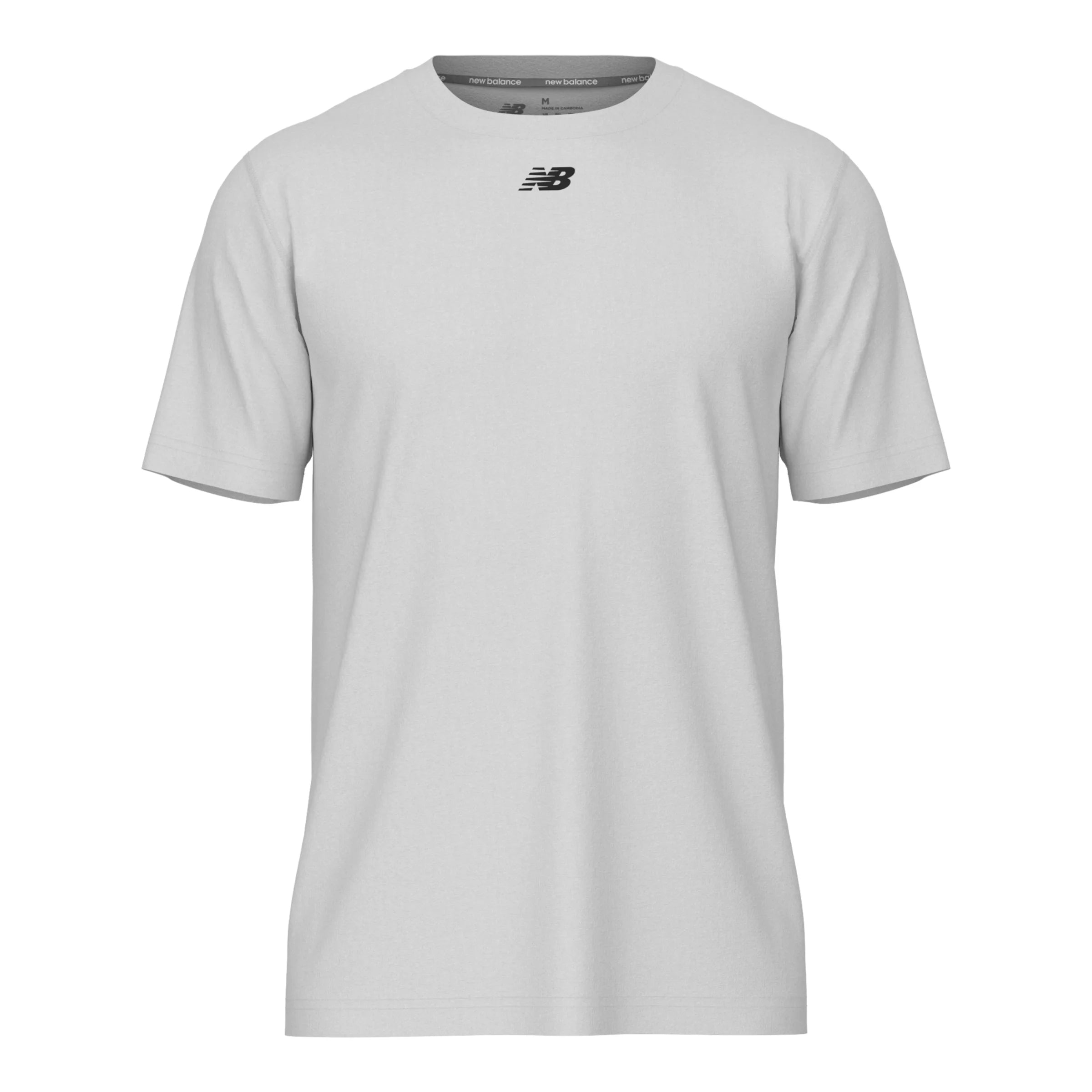 A light gray short-sleeved crew neck t-shirt featuring a small black New Balance logo centered on the upper chest.
