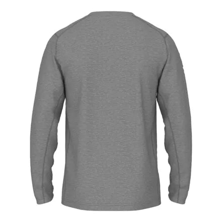 Back view of a grey, long-sleeved crew-neck shirt with a heathered fabric texture and athletic seaming.