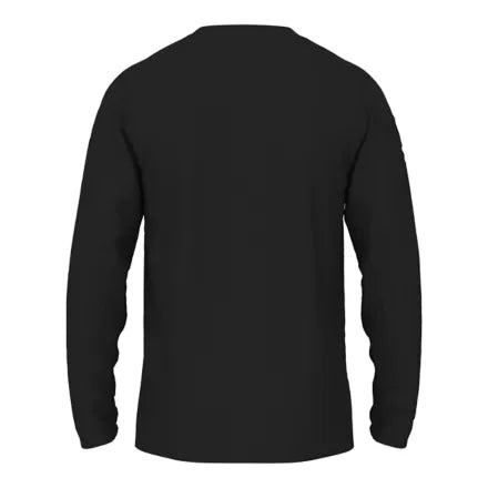 Back view of a plain black long-sleeved shirt.