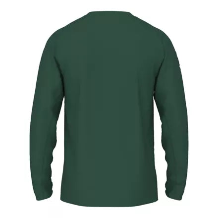 The back view of a solid dark green long-sleeved shirt.