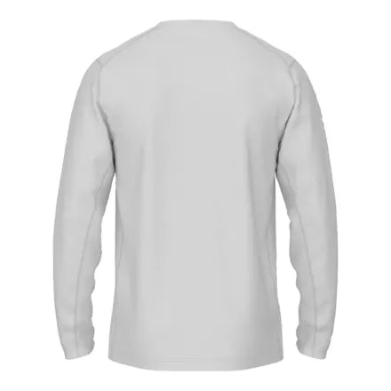 Rear view of a light gray long-sleeved shirt featuring flatlock seams on the shoulders and sides.