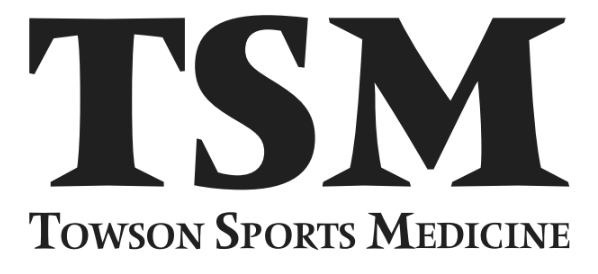 Towson Sports Medicine logo featuring large "TSM" initials above the full name in a black serif font.