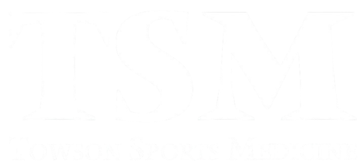 Towson Sports Medicine logo featuring large white letters "TSM" above the full name on a black background.