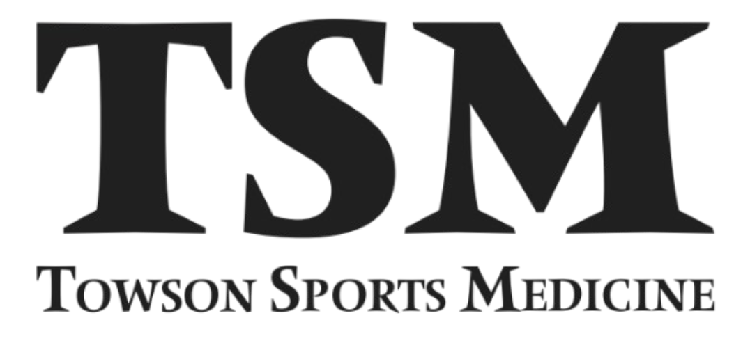 Logo for Towson Sports Medicine, featuring large bold black letters "TSM" above the full company name in a serif font.