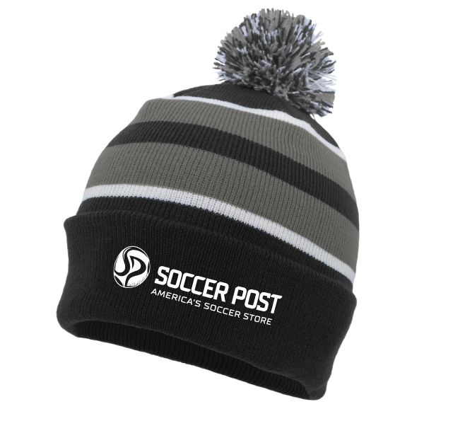 Black and grey striped beanie with a grey and white pom-pom. The folded black brim features a white "SOCCER POST" logo with the slogan "AMERICA'S SOCCER STORE."