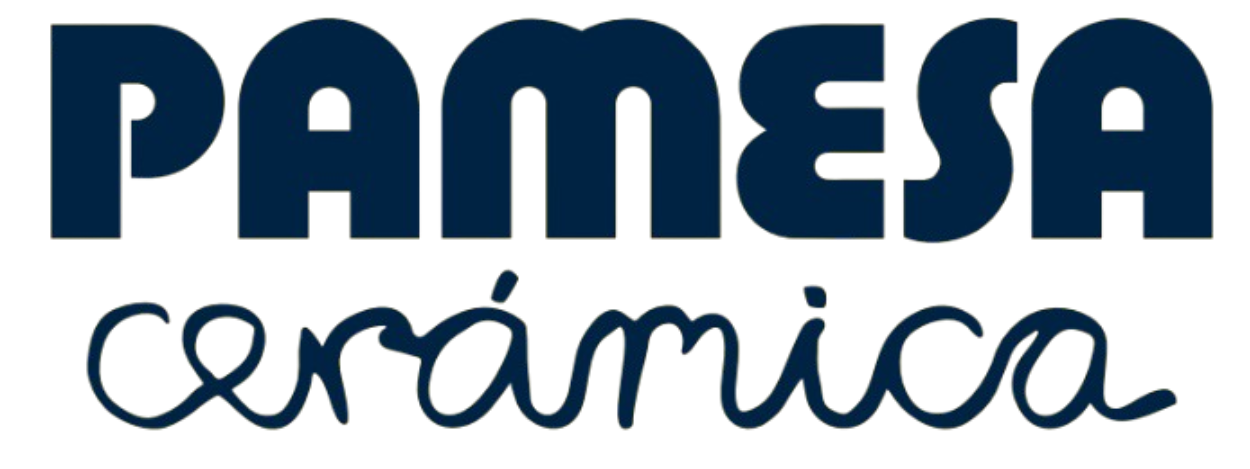 Pamesa Cerámica logo featuring bold blue block lettering above stylized cursive script.