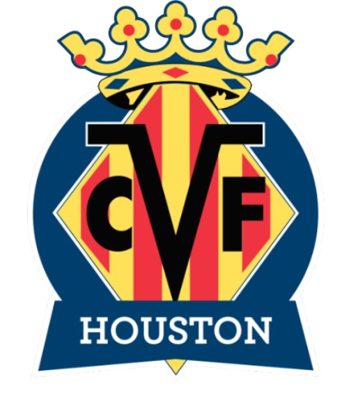 Logo for Villarreal CF Houston. A blue crest topped with a gold crown, featuring red and yellow vertical stripes, black initials "CVF", and "HOUSTON" at the base.