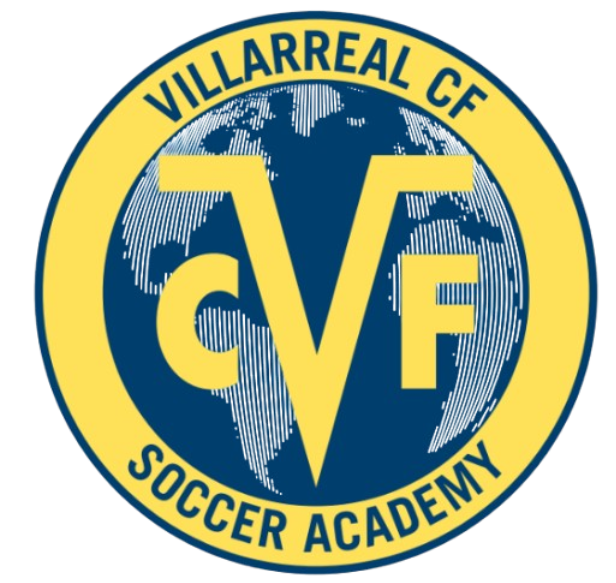 Circular blue and yellow logo for Villarreal CF Soccer Academy with large CVF initials over a globe.