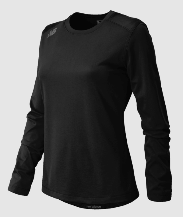 A black, long-sleeve New Balance athletic shirt with a crew neck and a small grey logo on the right shoulder, displayed on an invisible mannequin.