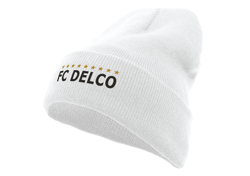 White knit beanie with "FC DELCO" in black text and a row of gold stars across the front.