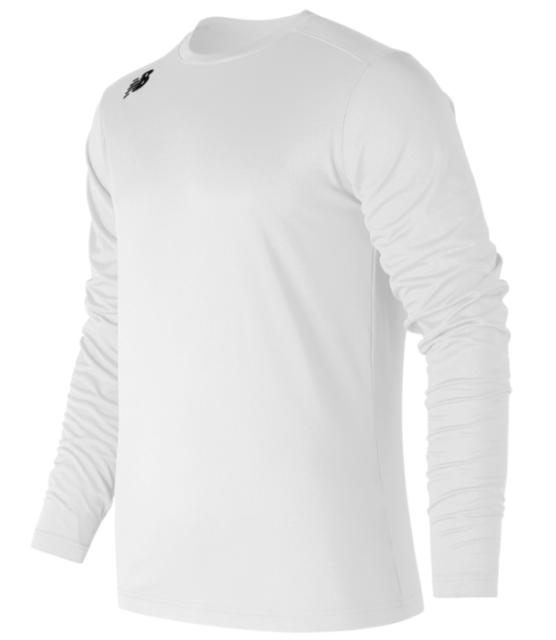 White long-sleeved crewneck performance shirt featuring a small black New Balance logo on the right shoulder.