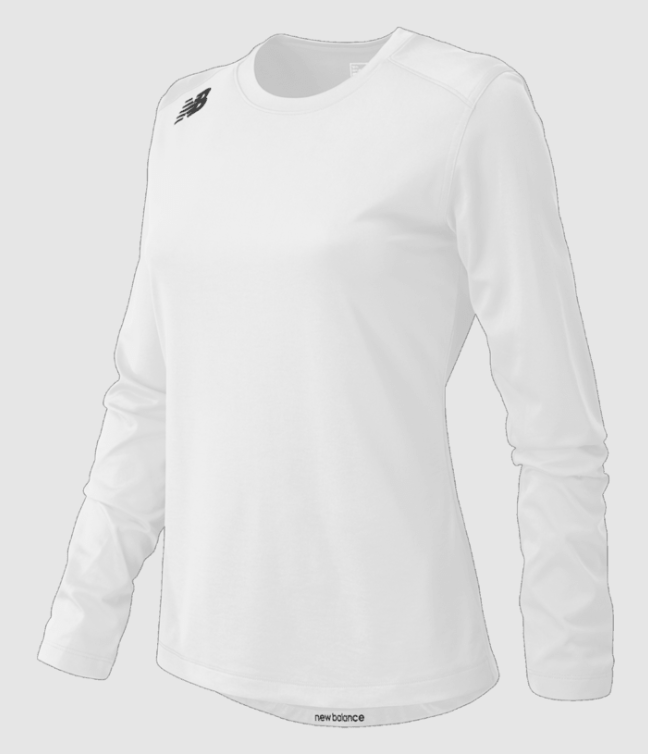 A white women’s long-sleeved New Balance athletic shirt with a small black logo on the right chest and "new balance" text on the front bottom hem.