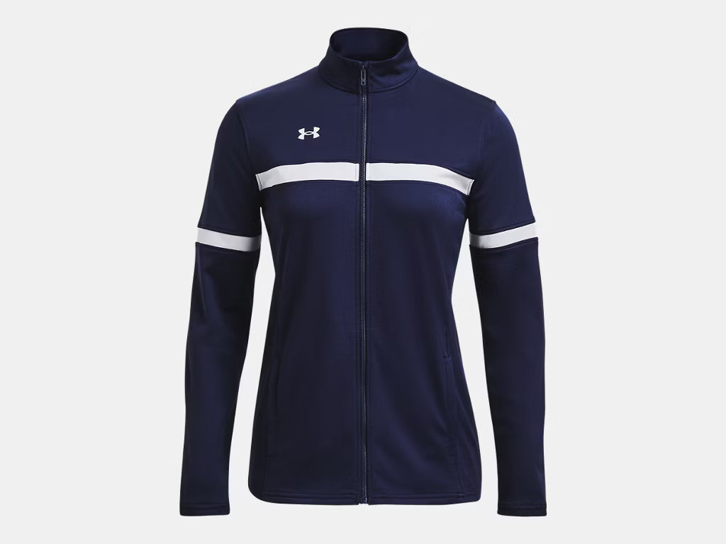 Navy blue Under Armour full-zip track jacket with a white horizontal stripe across the chest and sleeves, featuring a white logo on the right chest.