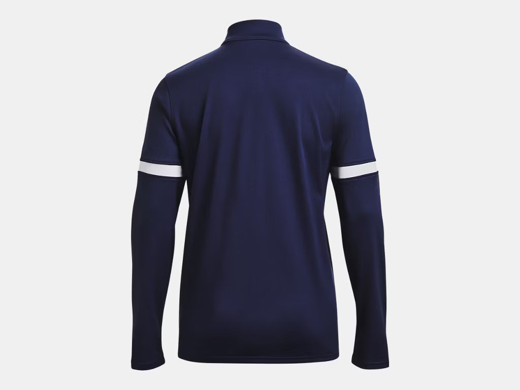 Back view of a navy blue long-sleeved athletic top with white horizontal stripes on the upper arms and a mock neck collar.