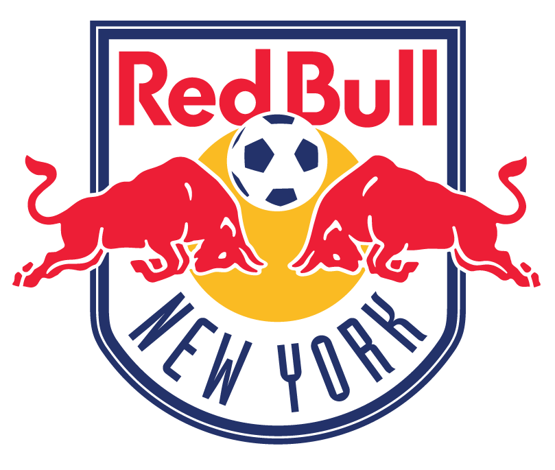 New York Red Bulls soccer logo: two red bulls charging toward a soccer ball over a yellow sun, with "Red Bull" at the top and "NEW YORK" at the bottom, all inside a blue and white shield.