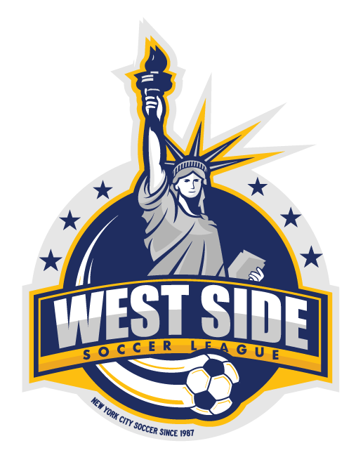Blue and gold logo for West Side Soccer League featuring the Statue of Liberty, stars, and a soccer ball. Bottom text reads "NEW YORK CITY SOCCER SINCE 1987".