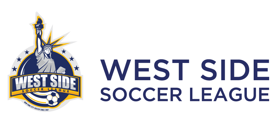 Logo for West Side Soccer League featuring a Statue of Liberty emblem with a soccer ball and the league name in large navy text.