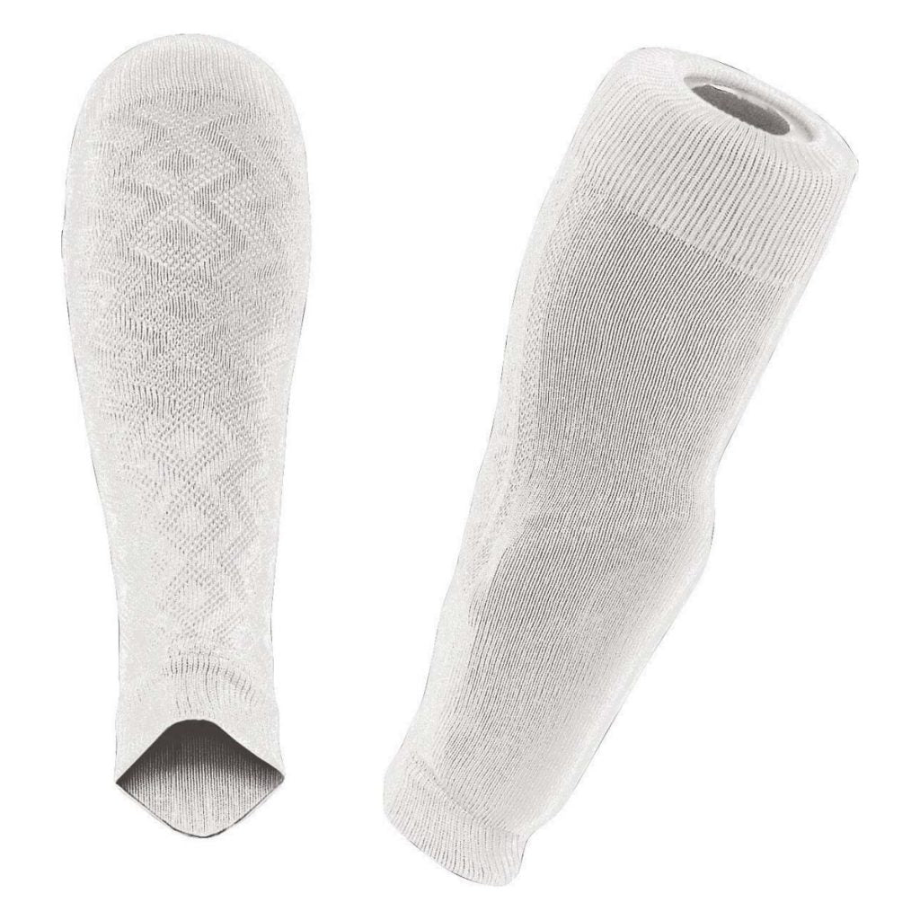Two views of a white athletic sock with a textured diamond knit pattern and ribbed cuffs at the top and ankle.