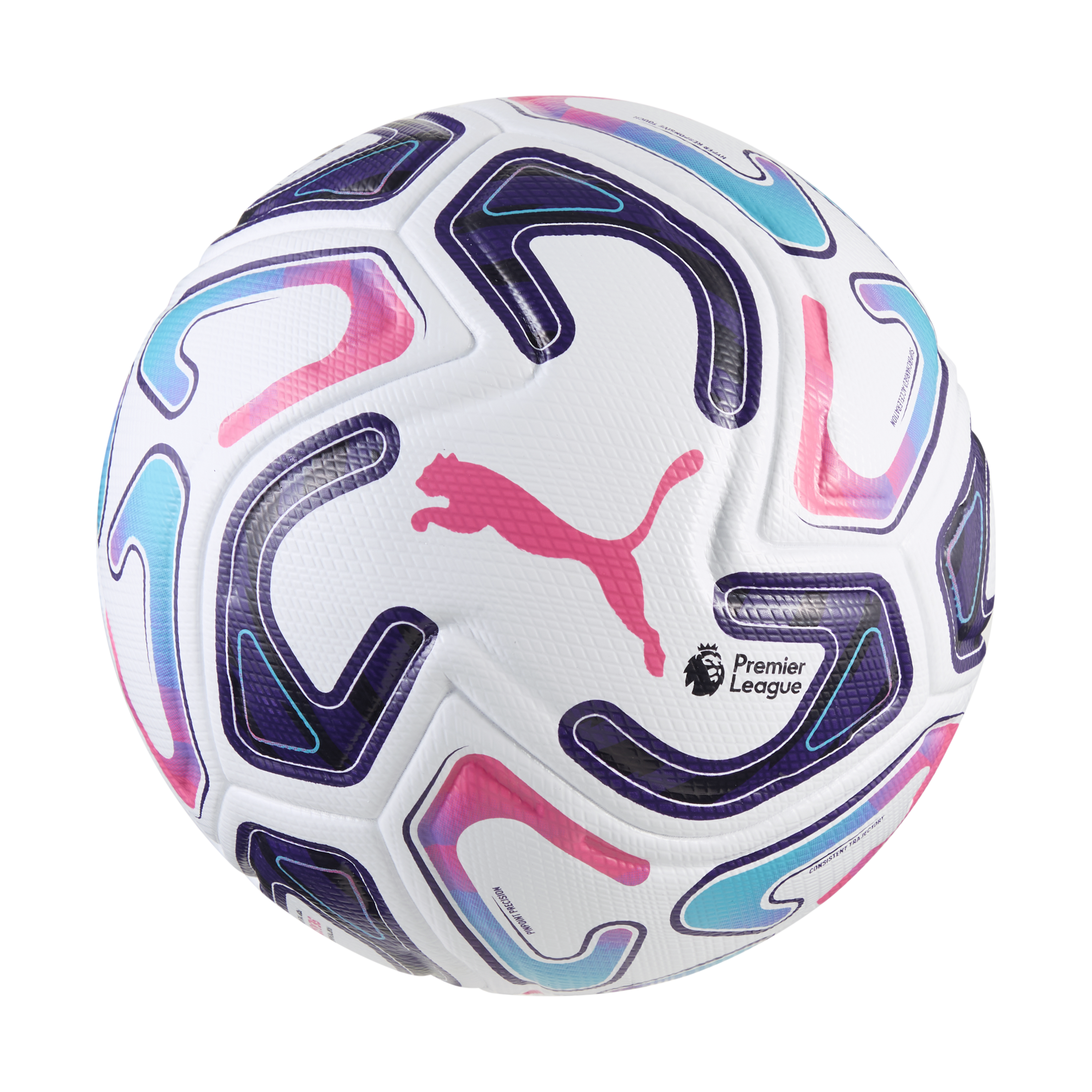 White Puma soccer ball featuring the Premier League logo. It has vibrant purple, pink, and blue graphic patterns and a central pink Puma cat logo.