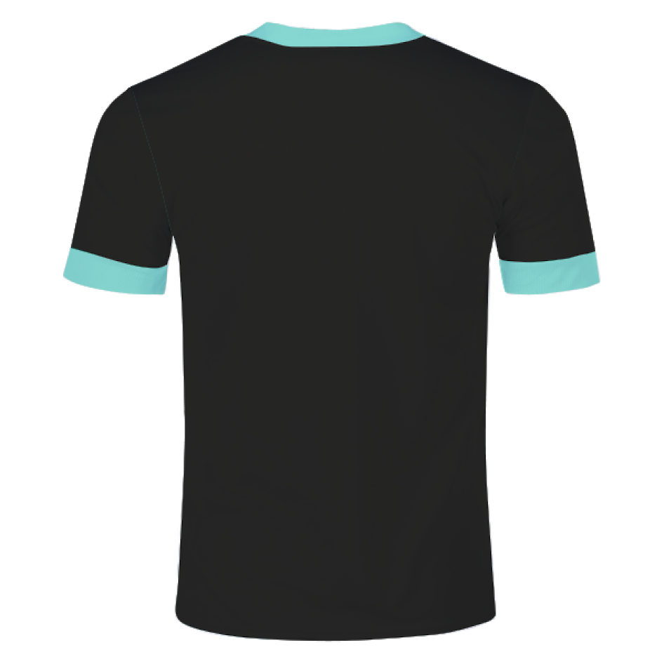 Back view of a black short-sleeved t-shirt with light blue trim on the collar and sleeve cuffs.