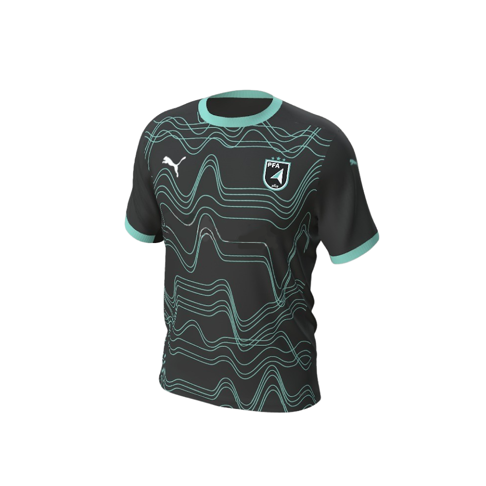 A dark grey soccer jersey with teal wavy line patterns, teal trim on the collar and sleeves, a white Puma logo, and a PFA crest on the chest.