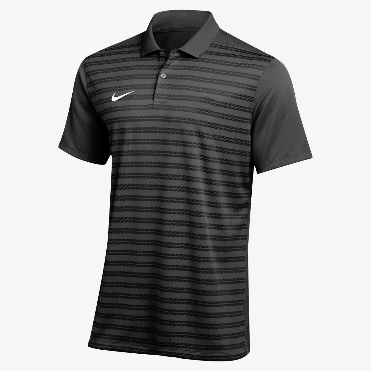 Short-sleeved black Nike polo shirt featuring dark grey horizontal tire-tread patterned stripes, solid black sleeves and collar, and a white swoosh logo on the chest.