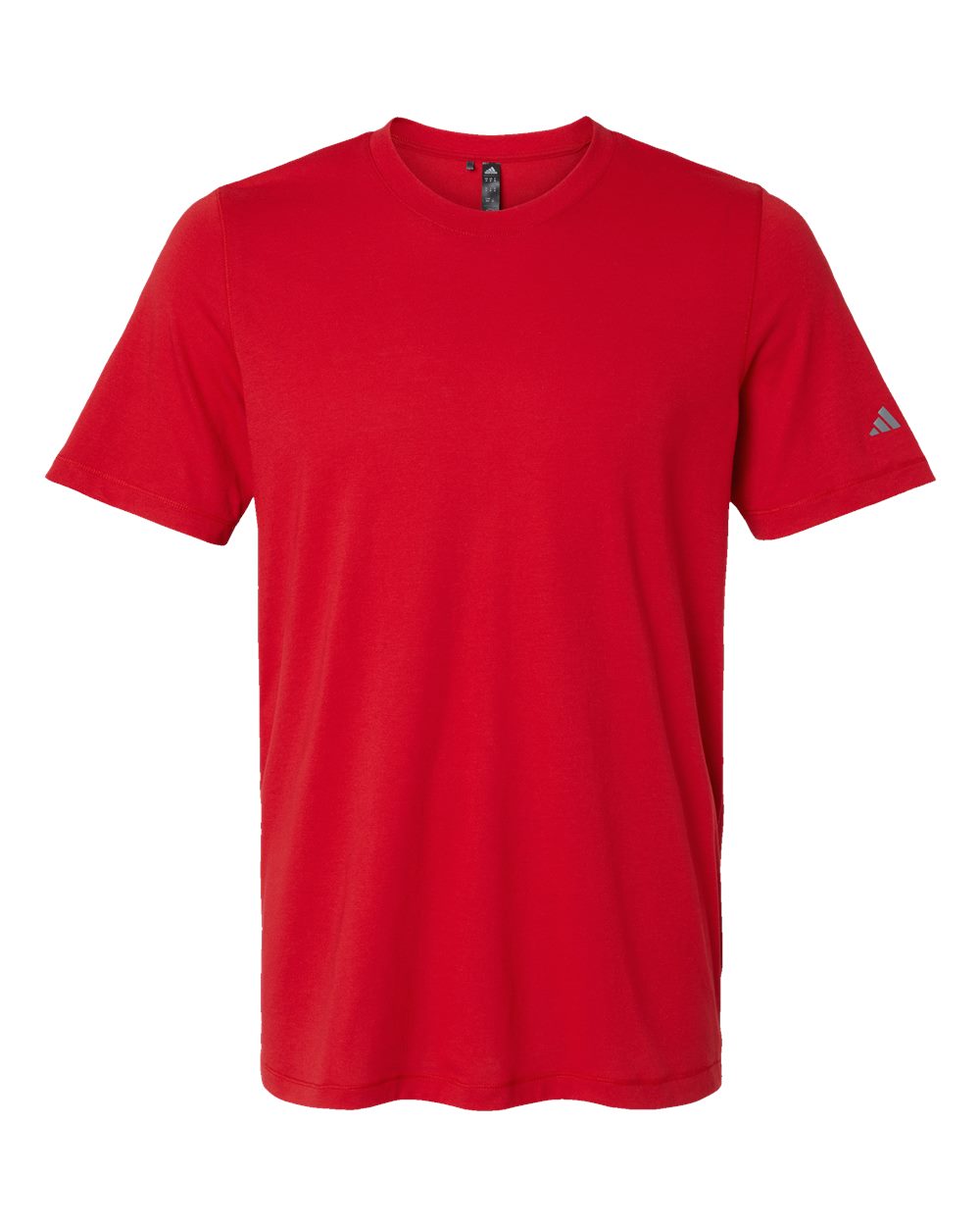 A plain red short-sleeved crew neck t-shirt with a small grey Adidas logo on the left sleeve, shown against a white background.