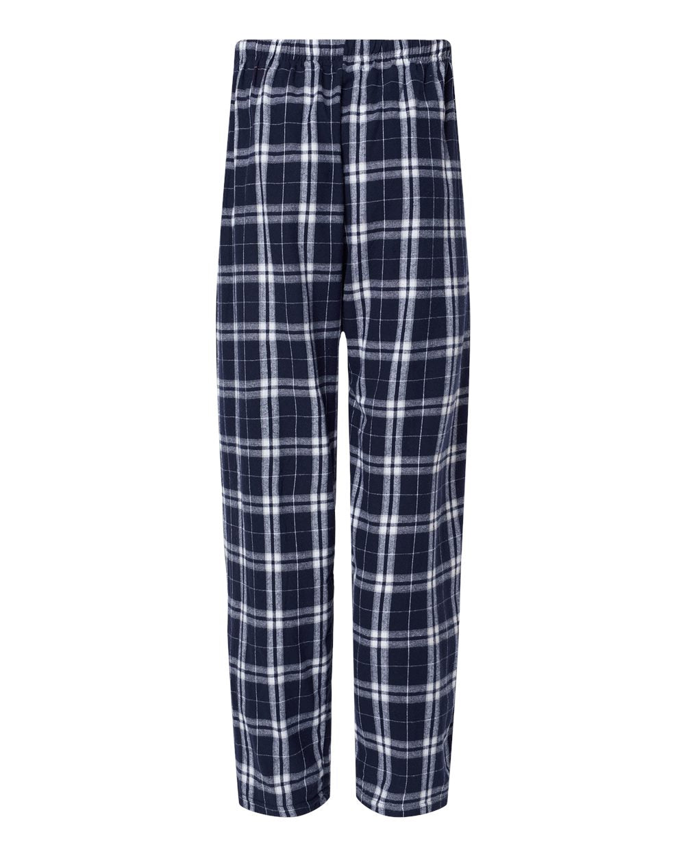 Navy and white plaid flannel pajama pants with an elastic waistband and straight-leg fit.