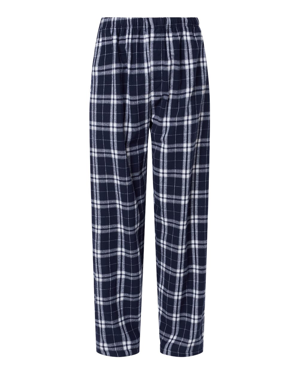 Navy blue and white plaid pajama pants featuring an elastic waistband and a straight-leg fit.