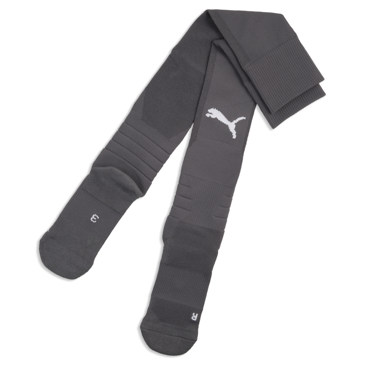A pair of long, grey Puma athletic socks featuring a white logo and "L" and "R" markings, displayed against a black background.