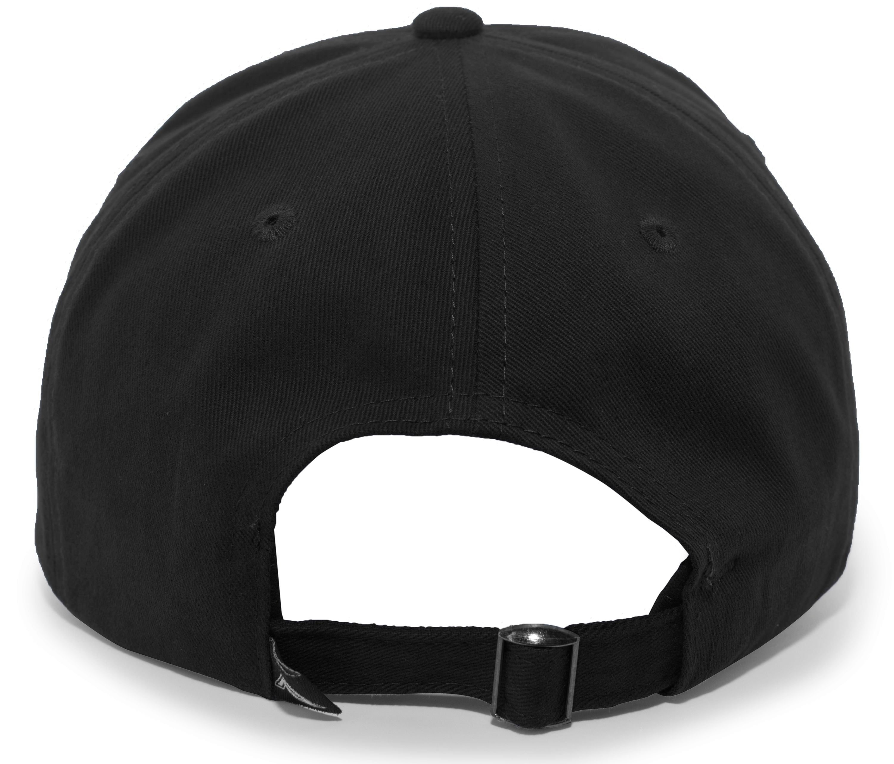 Rear view of a black baseball cap featuring an adjustable fabric strap with a metal buckle.