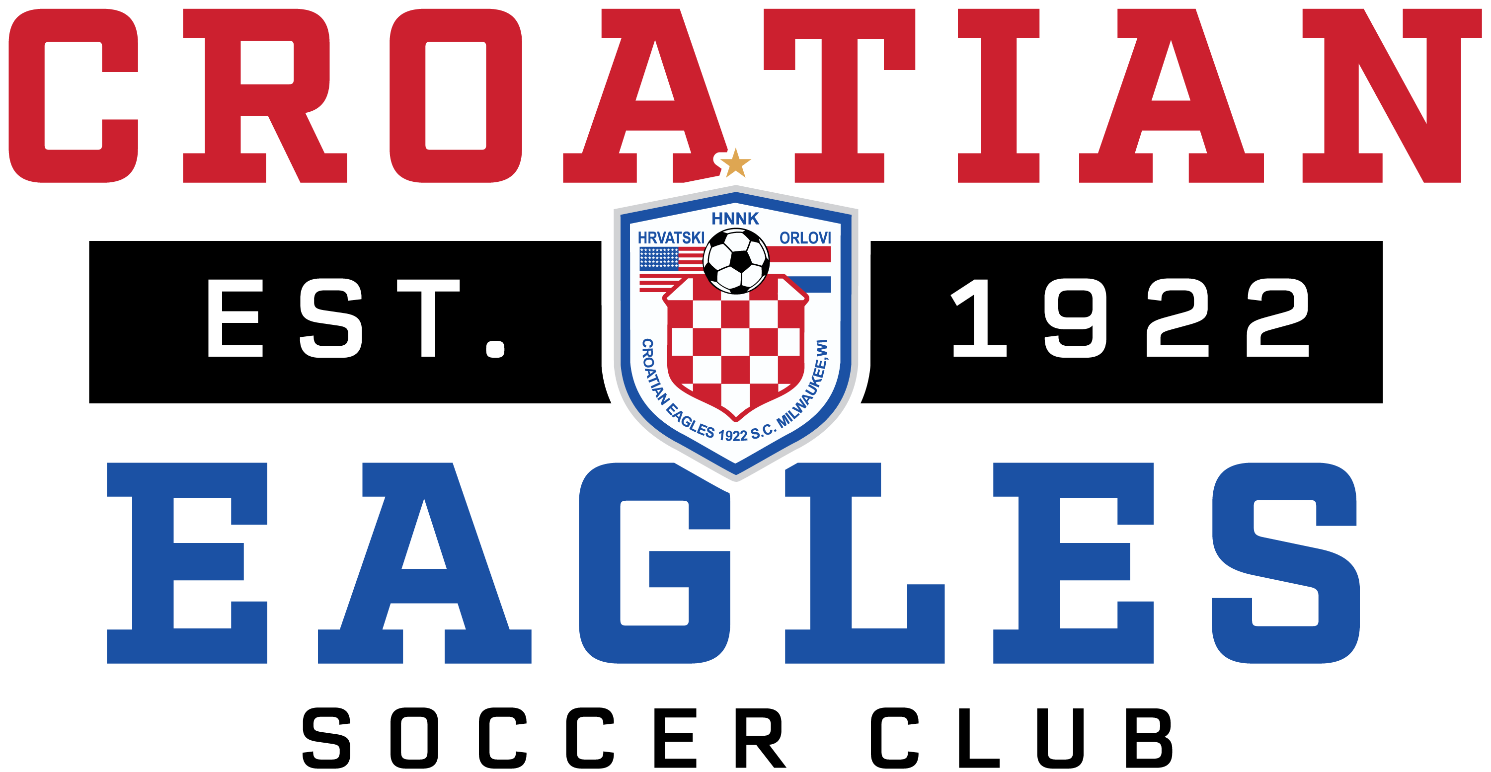 Logo for the Croatian Eagles Soccer Club with red, blue, and black text. A central crest features a soccer ball and red-and-white checkers, labeled Est. 1922.