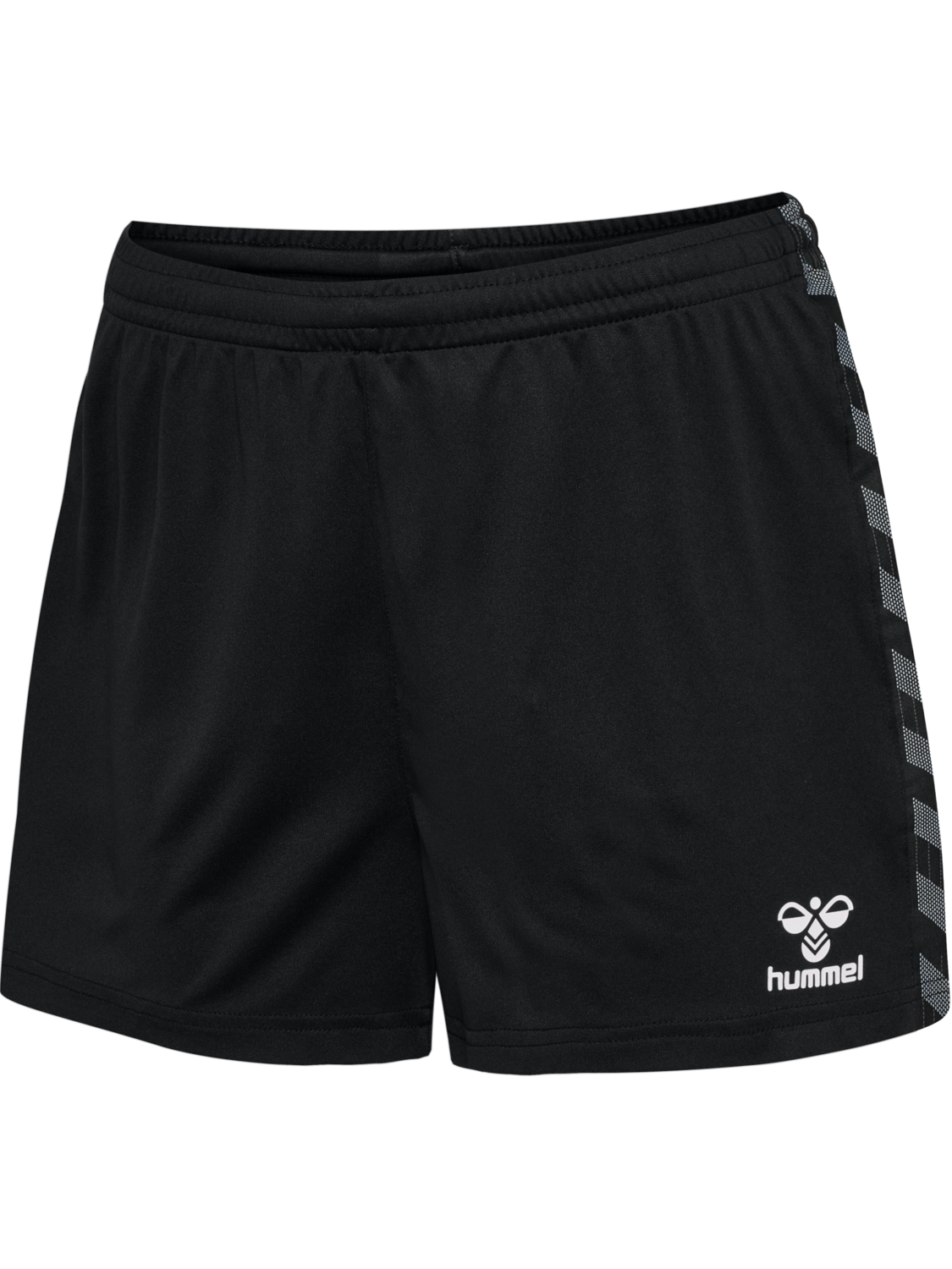 Black Hummel athletic shorts featuring a white logo on the lower right leg and a grey chevron pattern running down the side.