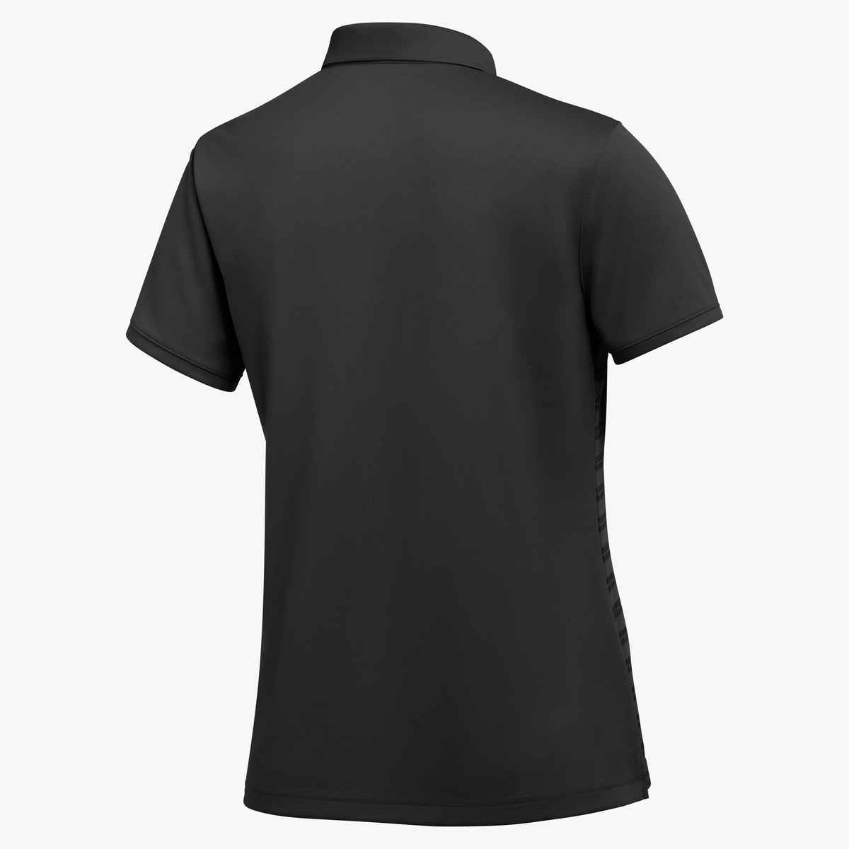 Back view of a black short-sleeved polo shirt with a subtle vertical pattern along one side.